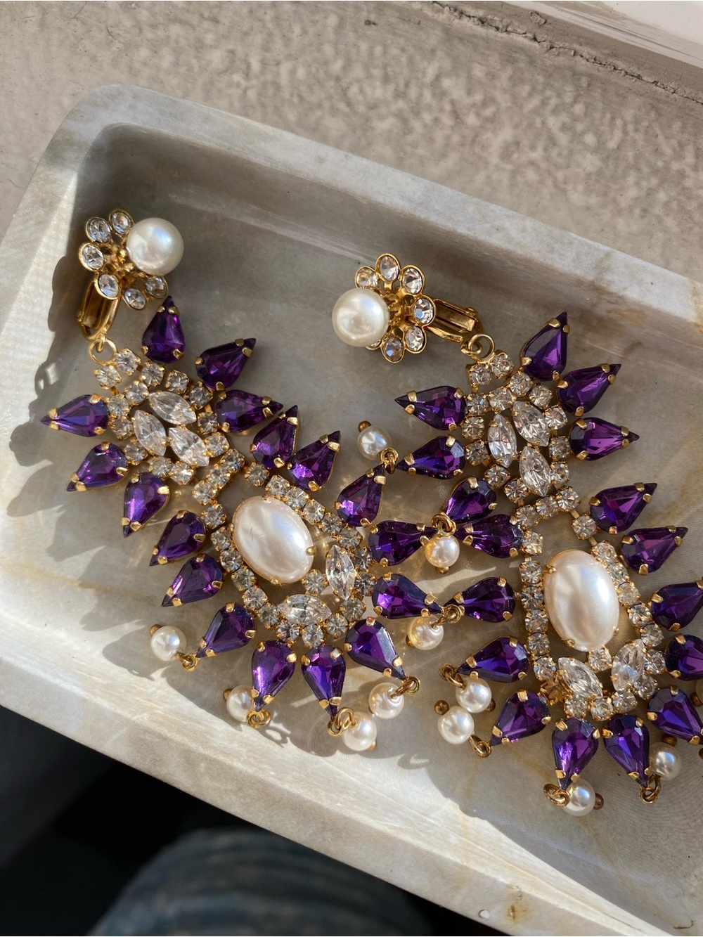Vintage Gold Pearl & Amethyst Statement Clip-On Earrings by Scaasi